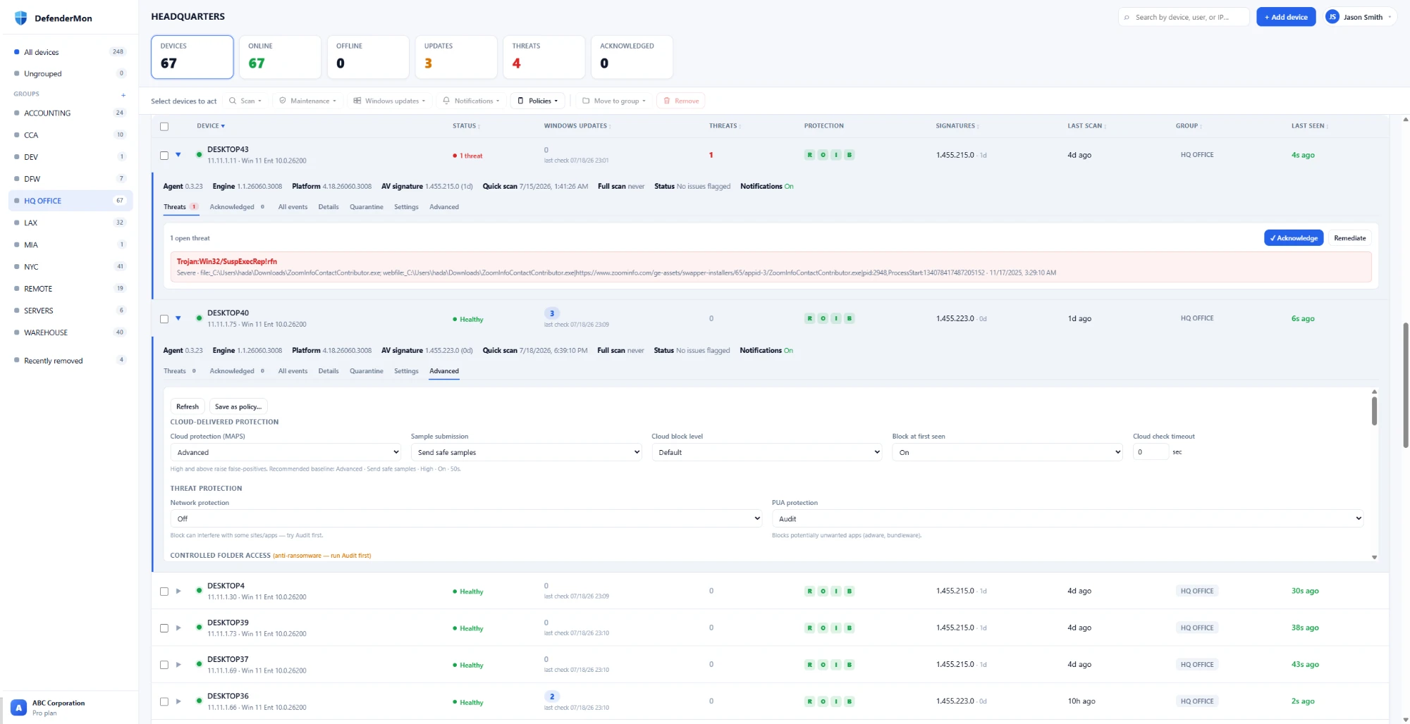 DefenderMon dashboard — fleet overview with device health, threat detection, and Windows updates