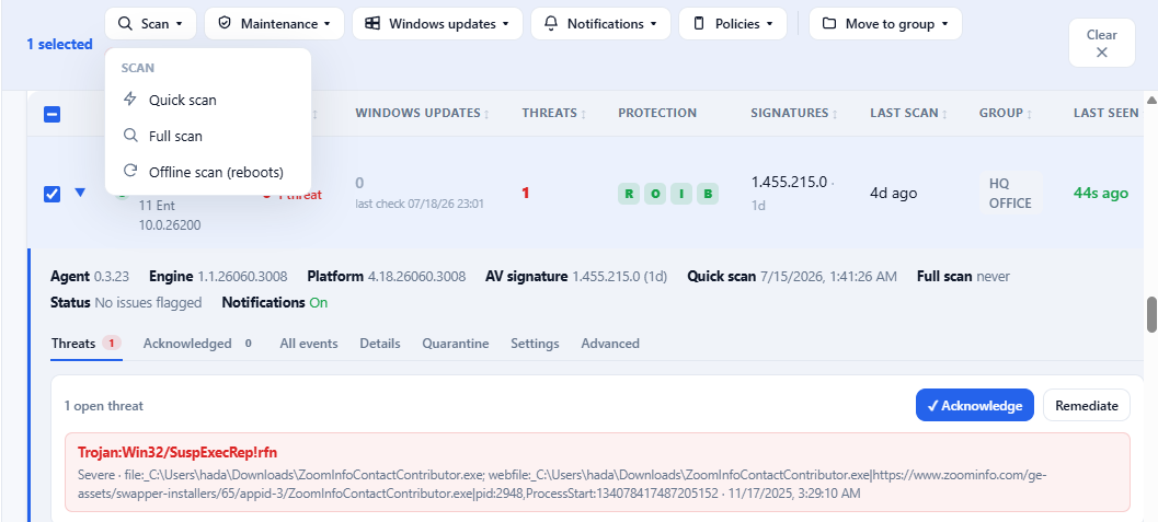 Threat detail — open threat with one-click Acknowledge and Remediate, plus quick, full, and offline scan actions