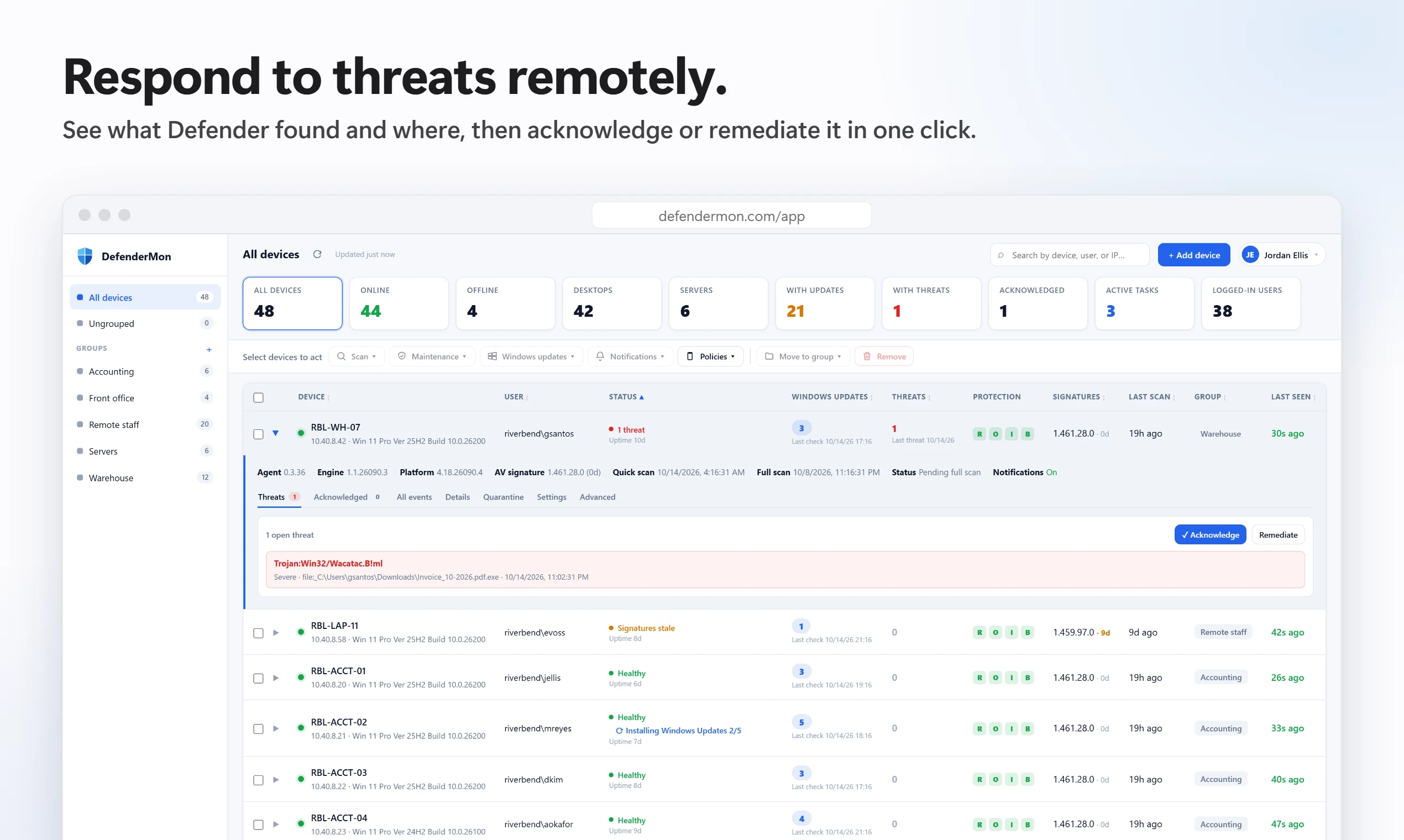 Threat response: an open Trojan detection with its file path and one-click Acknowledge and Remediate