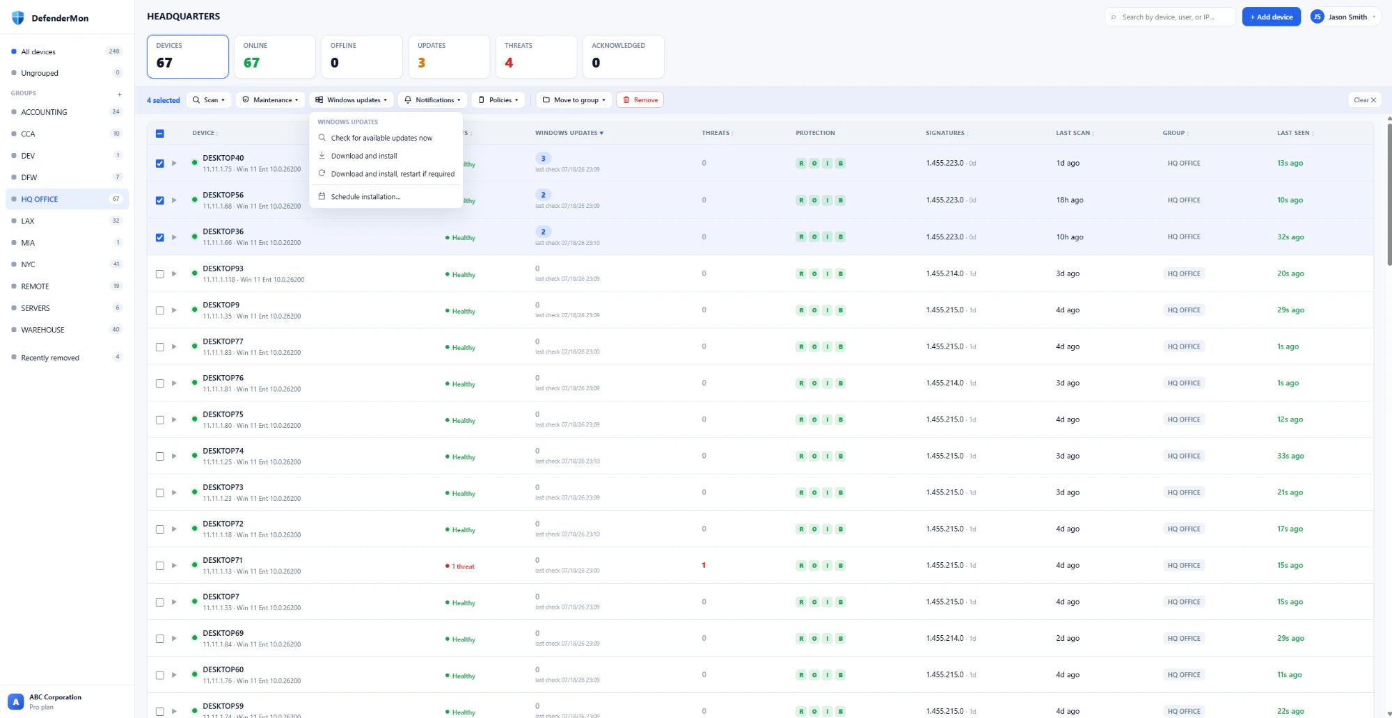 Windows updates dashboard — pending update counts per device with batch install and schedule actions