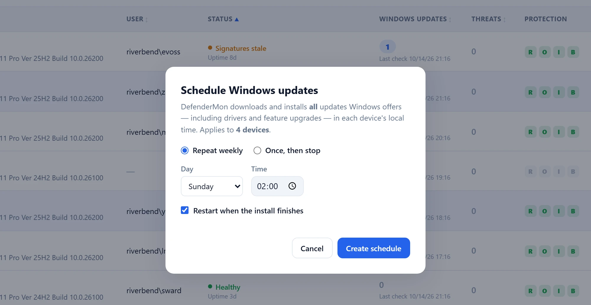 Scheduling Windows updates for four devices: weekly on Sunday at 02:00 in each device's local time, restarting when the install finishes